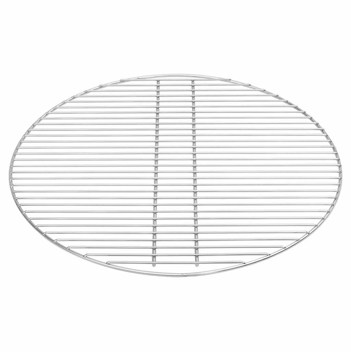 Ein runder Metallgrill, der aus parallelen horizontalen Stäben besteht, die durch vertikale Stützen verbunden sind.