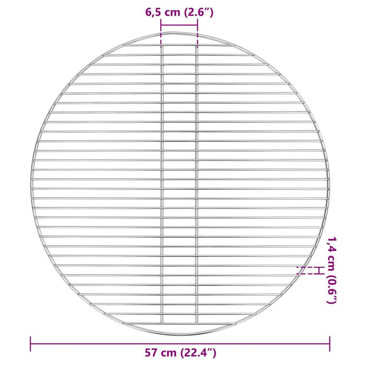Ein kreisförmiger Metallgrill mit Maßangaben in Zentimetern und Zoll, darunter 6,5 cm, 1,4 cm und 57 cm, vor weißem Hintergrund.