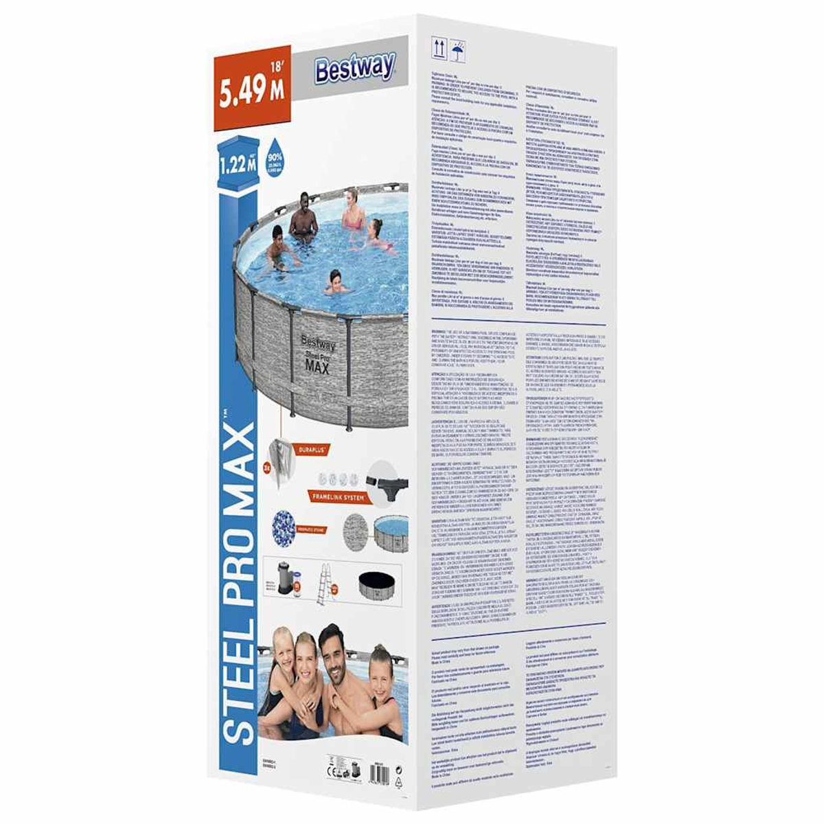 Eine Bestway Steel Pro Max Poolbox. Zeigt einen Pool mit Leuten darin. Zeigt auch die Größe und die Eigenschaften des Pools.