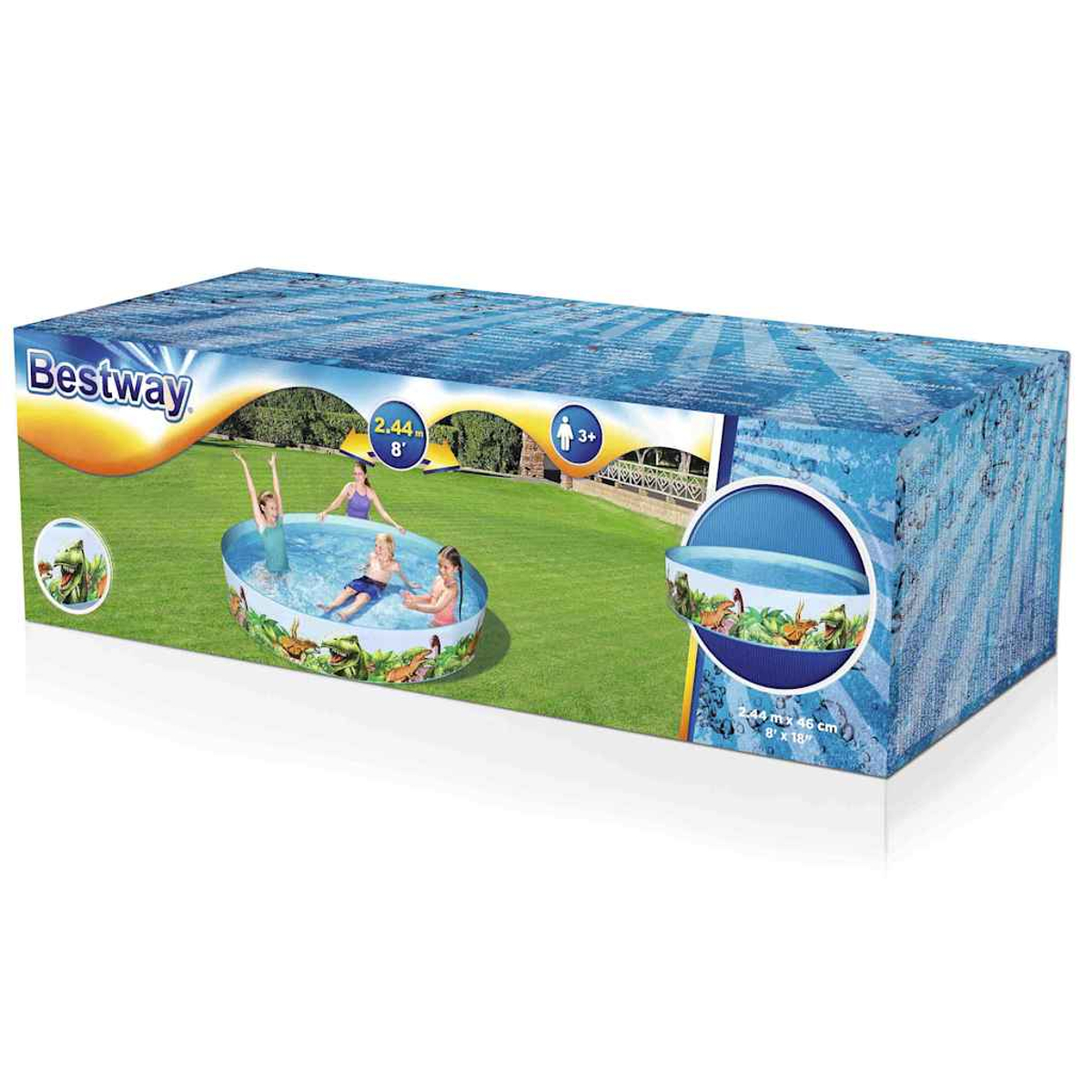 Die Box zeigt ein Bestway-Pool mit spielenden Kindern. Grüner Gras-Hintergrund. Der Pool ist blau, die Box ist blau. Text: 2,44 m x 46 cm.
