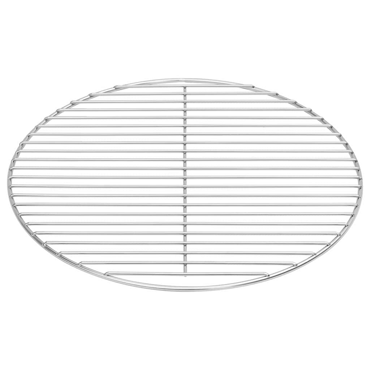 Una griglia per barbecue circolare in acciaio inossidabile. Le barre orizzontali sono collegate da barre verticali, formando un motivo a griglia su sfondo bianco.