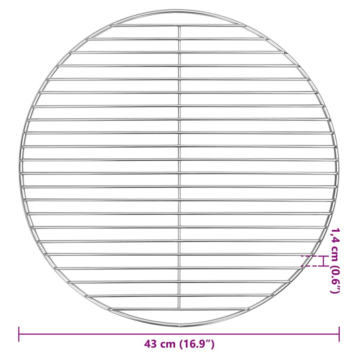Una griglia rotonda in metallo, con barre orizzontali e verticali. Il diametro è di 43 cm (16,9"). Le barre sono distanziate di 1,4 cm (0,6").