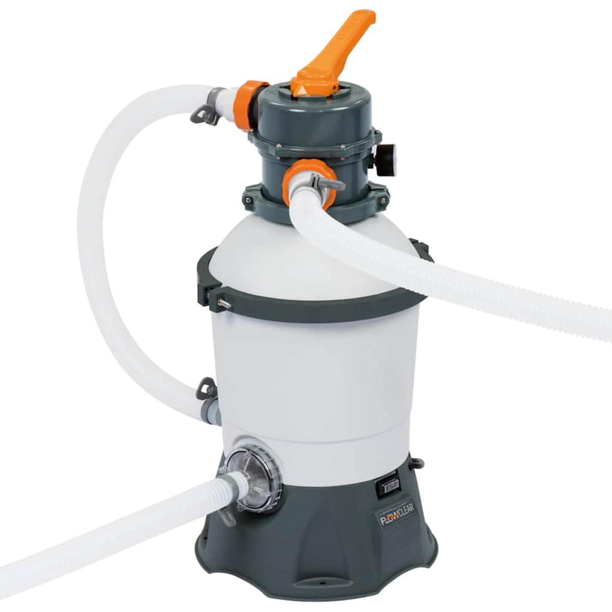 Ein weiß-grauer Flowclear-Poolfilter mit orangefarbenem Griff, weißen Schläuchen und einem transparenten Sichtfenster.