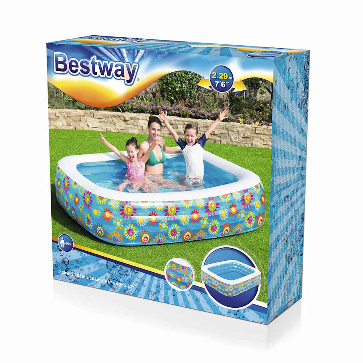Eine Box zeigt einen Pool mit einer Frau und Kindern. Der Pool hat Blumenmuster.