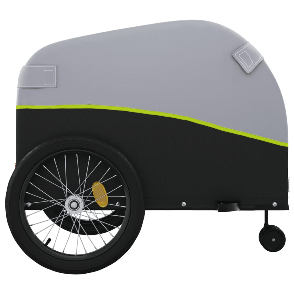 Seitenansicht eines grau-schwarzen Fahrradanhängers mit großem Rad und kleinem Rad. Er hat einen gelben Streifen.