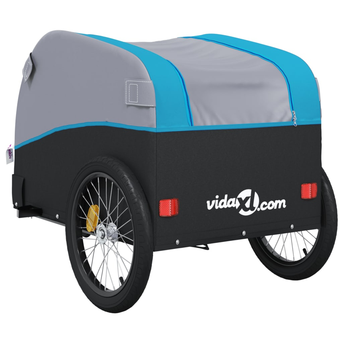 Ein Kinderfahrradanhänger mit grau-blauem Stoffbezug, schwarzem Rahmen, Rädern und Reflektoren. Der Markenname ist vidaXL.com.