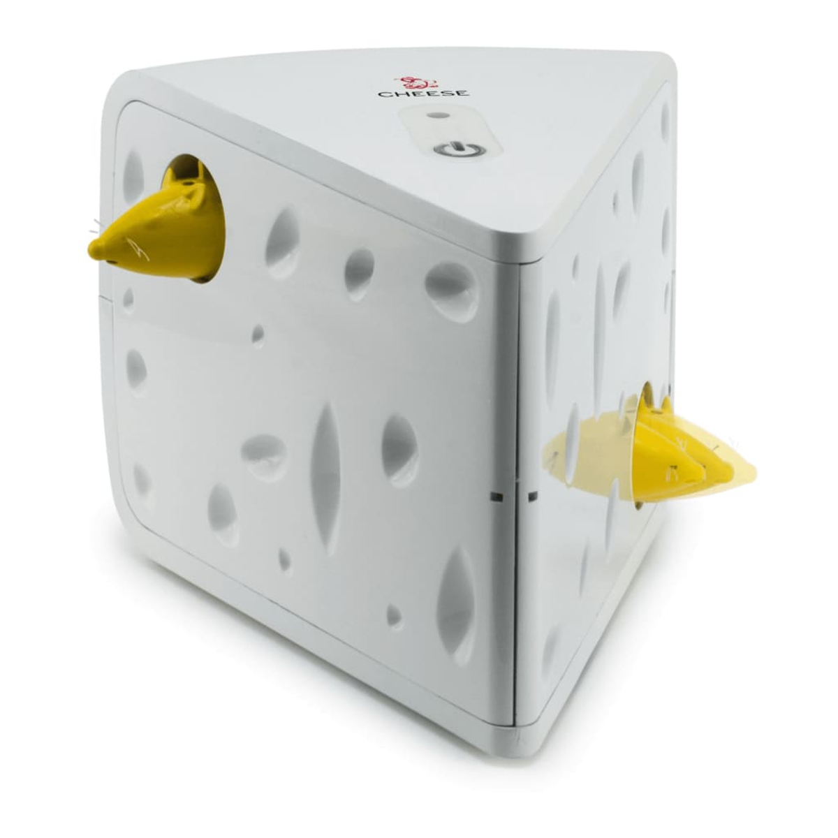 Un giocattolo bianco a forma di formaggio con teste di topo gialle che spuntano dai buchi. Il giocattolo ha un pulsante di accensione e la parola "Cheese" in alto.