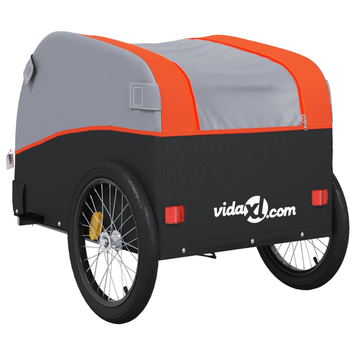 Ein schwarz-grauer Fahrradanhänger mit orangefarbenen Akzenten wird gezeigt. Er hat zwei Räder, ein vidaXL.com-Logo und rote Reflektoren.