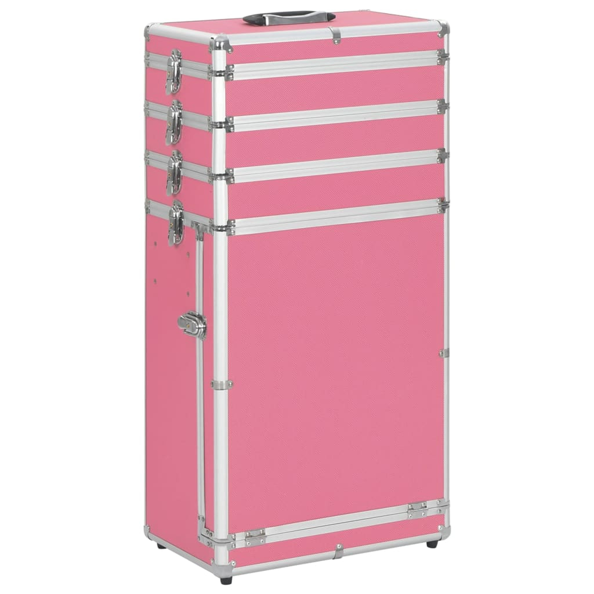 Ein rosa Make-up-Koffer mit silbernen Zierleisten. Er hat mehrere Fächer und einen Griff oben. Der Koffer ist geschlossen und steht aufrecht.