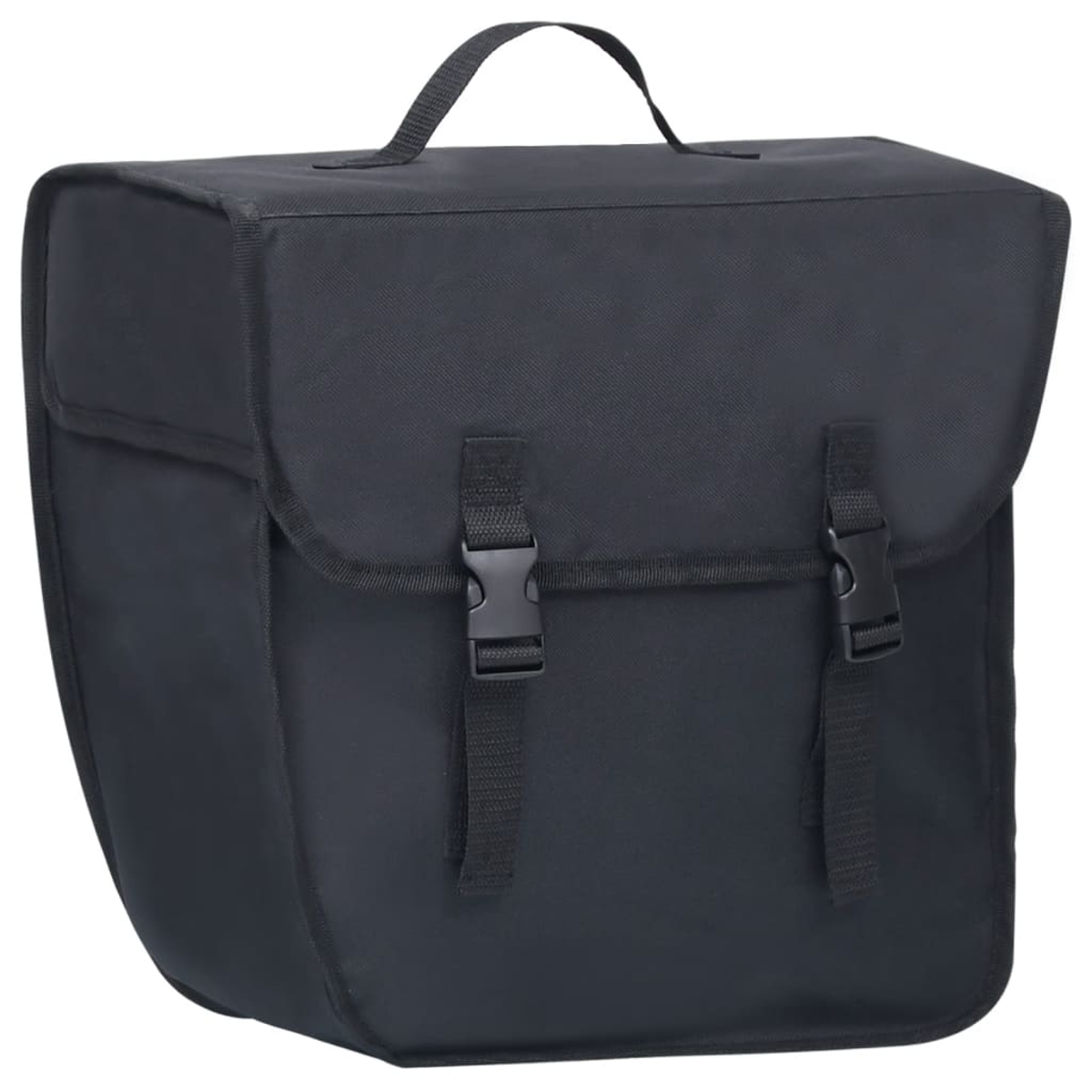 Eine schwarze, rechteckige Gepäcktasche mit Griff. Sie hat eine Klappe mit zwei Schnallen.