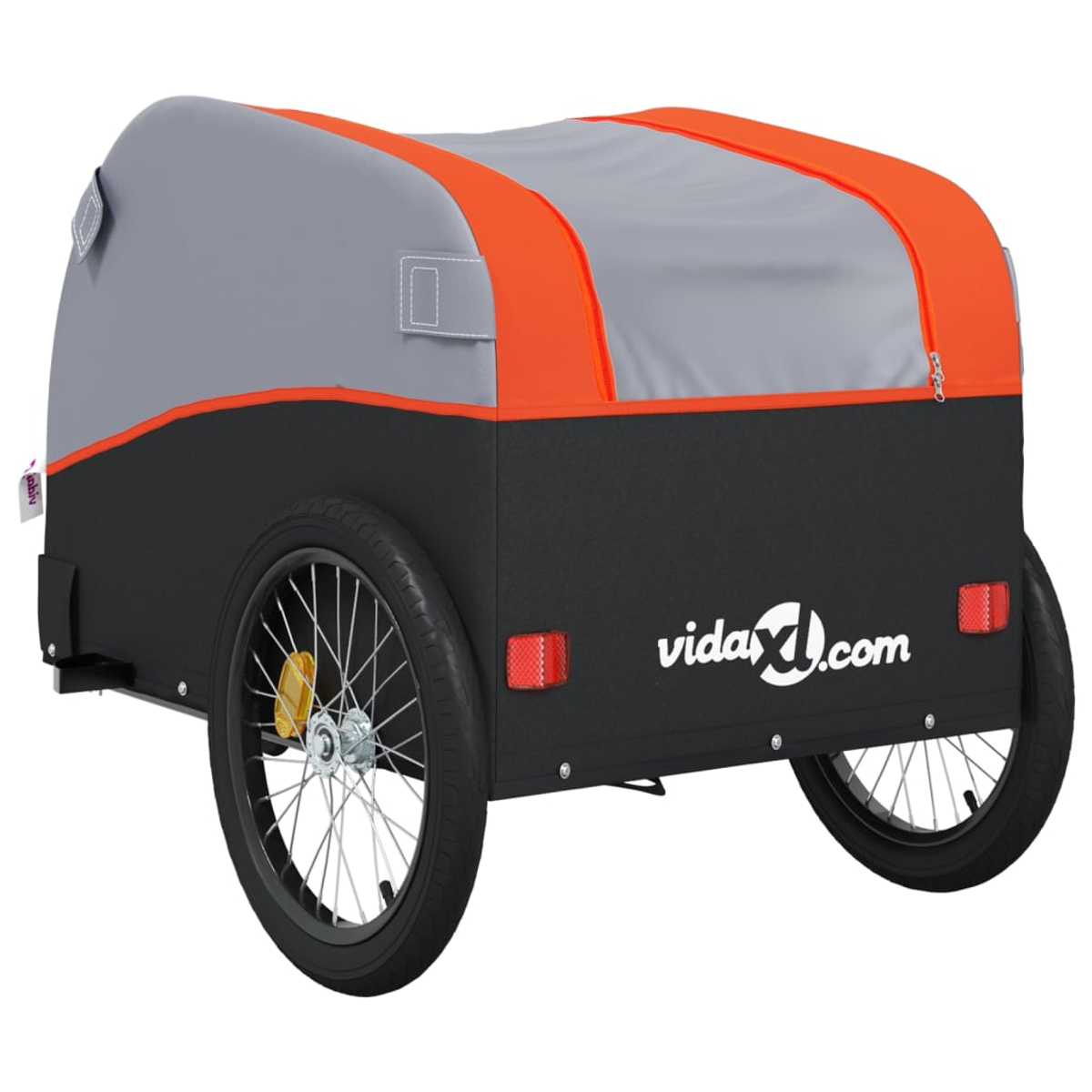 Ein schwarzer, grauer und orangefarbener Fahrradanhänger für Kinder. Er hat zwei Räder, einen Reißverschluss und das Logo von vidaXL.com.