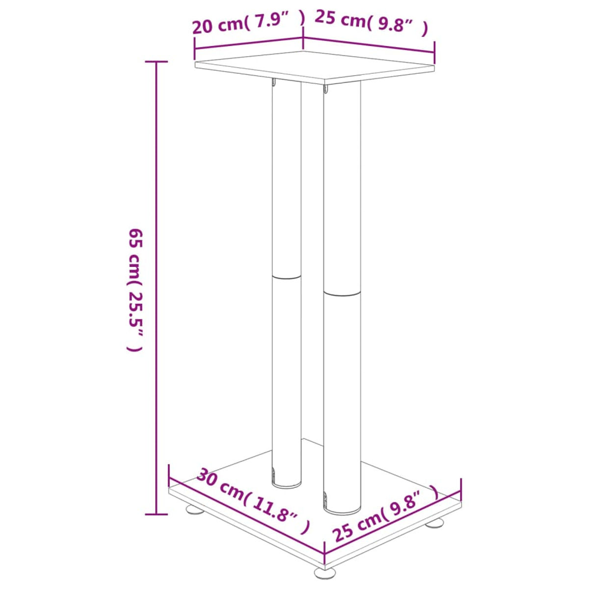 Diagramm eines Ständers mit Maßen: 20x25cm oben, 30x25cm Basis, und 65cm Höhe. Der Ständer hat zwei zylindrische Stützen.