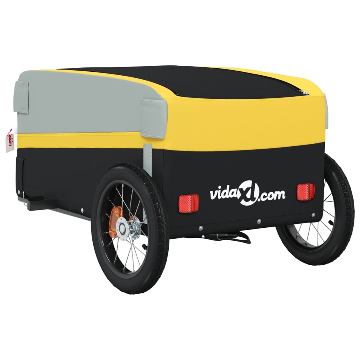 Ein schwarzer, gelber und grauer Fahrradanhänger mit schwarzen Reifen und einem weißen "vidaXL.com"-Logo. Reflektoren sind sichtbar.