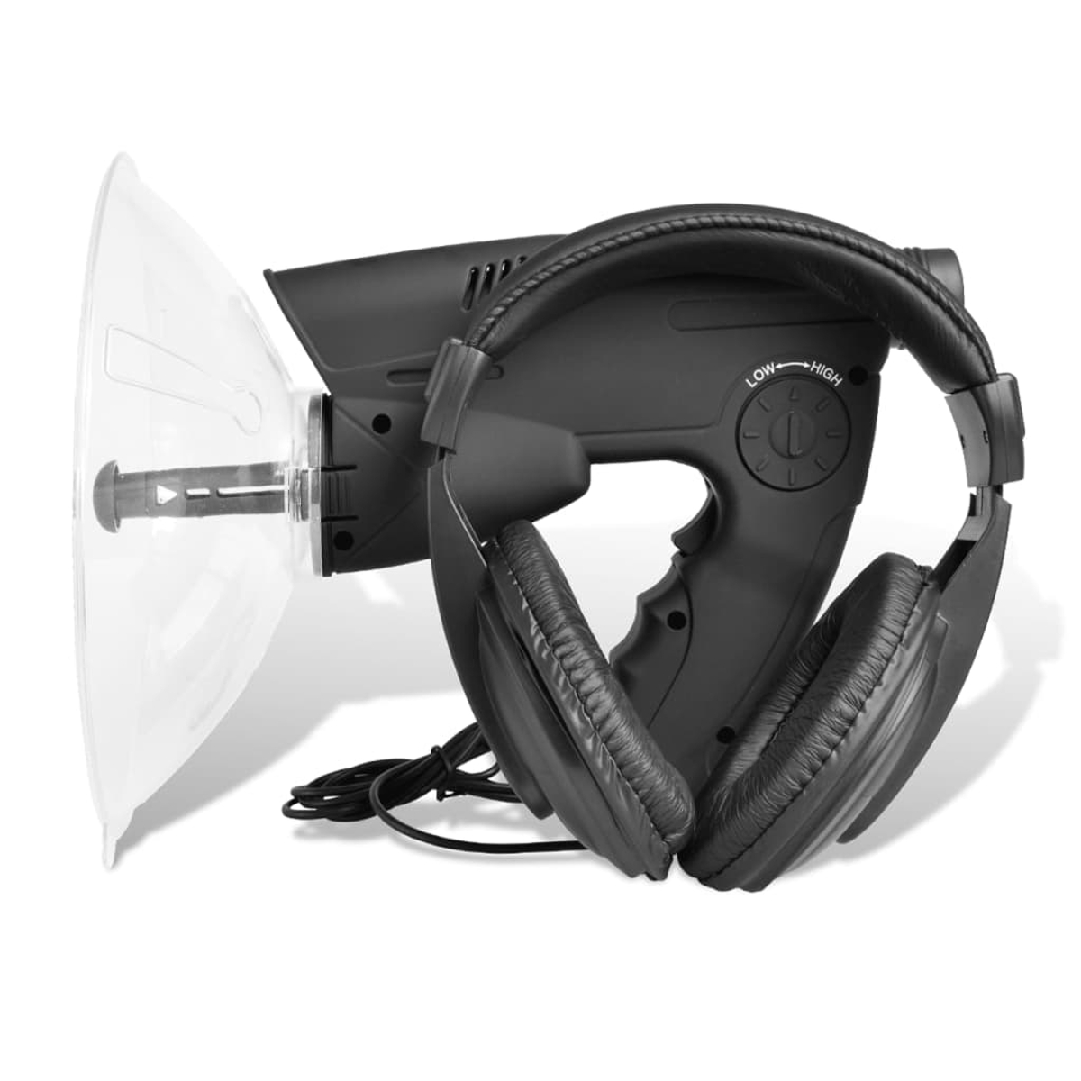 Schwarzes Audiogerät mit Kopfhörern. Ein klarer Kunststoffkegel ist angebracht. Auf dem Gerät sind „Low“ und „High“ angegeben.