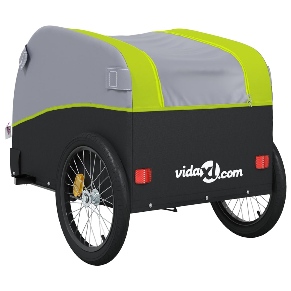 Ein grauer und schwarzer Fahrradanhänger mit limettengrünen Akzenten. Er hat zwei Räder und ein vidaXL.com-Logo.