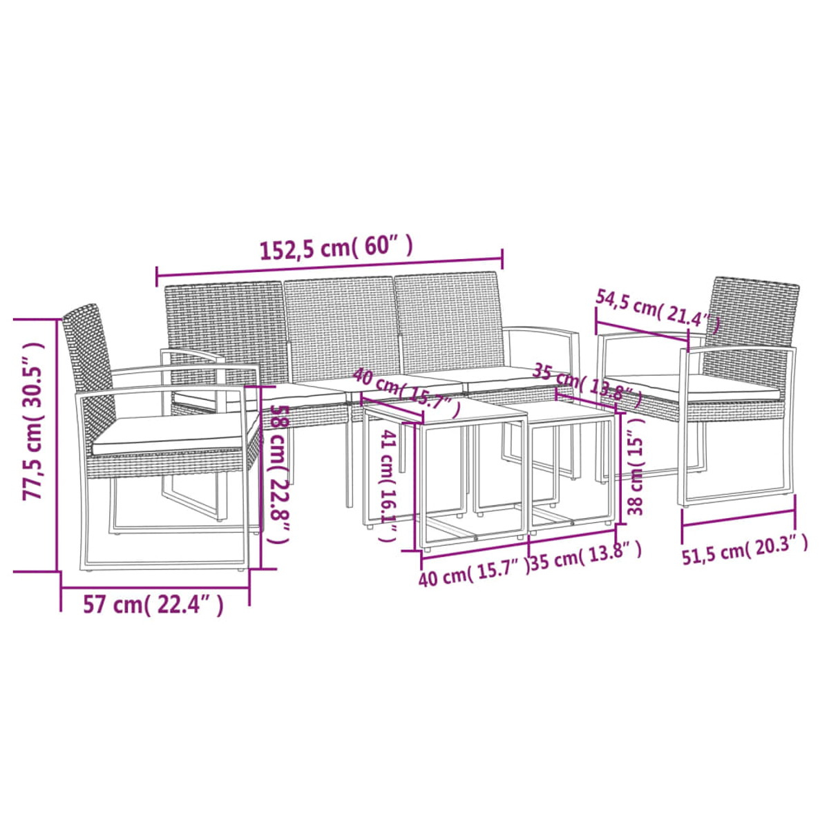 Ein Diagramm zeigt ein Rattansofa-Set, bestehend aus einem Dreisitzer-Sofa, zwei Sesseln und zwei kleinen quadratischen Tischen mit Abmessungen.