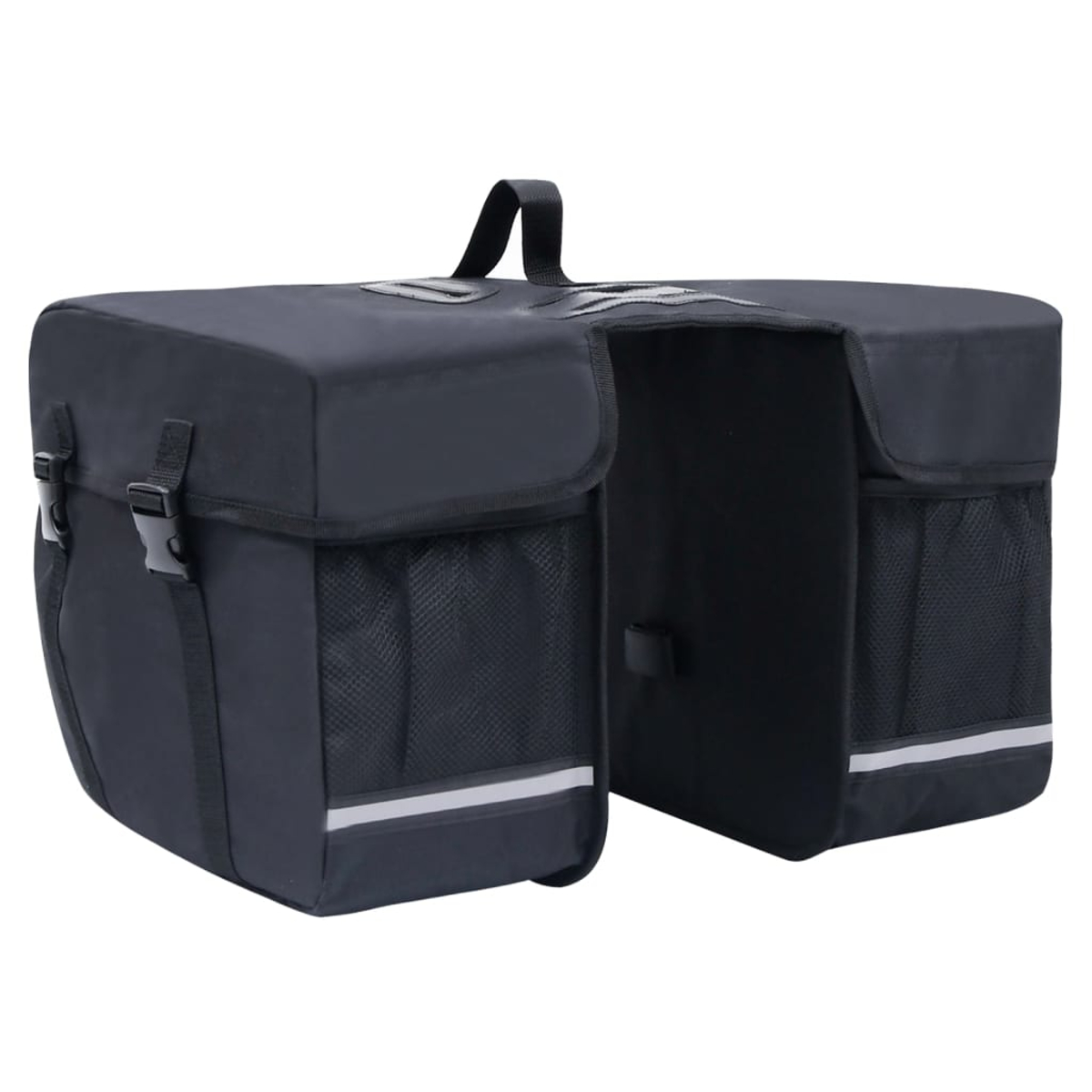 Schwarze Fahrrad-Gepäckträgertasche. Sie hat zwei Fächer, Netztaschen, reflektierende Streifen und einen Tragegriff.