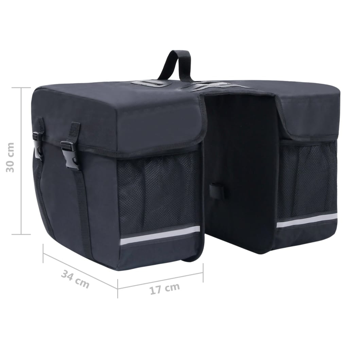 Schwarze Fahrradpacktaschen mit angegebenen Maßen. Sie haben Netztaschen und reflektierende Streifen. Ein Griff ist oben sichtbar.