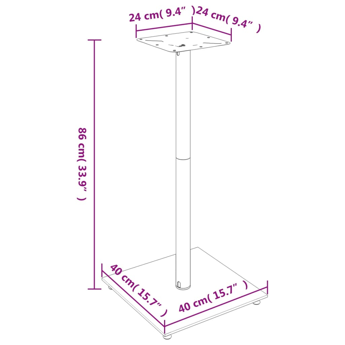 Diagramm eines Ständers. Er hat eine quadratische Basis, eine Mittelsäule und eine quadratische Oberseite. Maße sind in cm und Zoll angegeben.