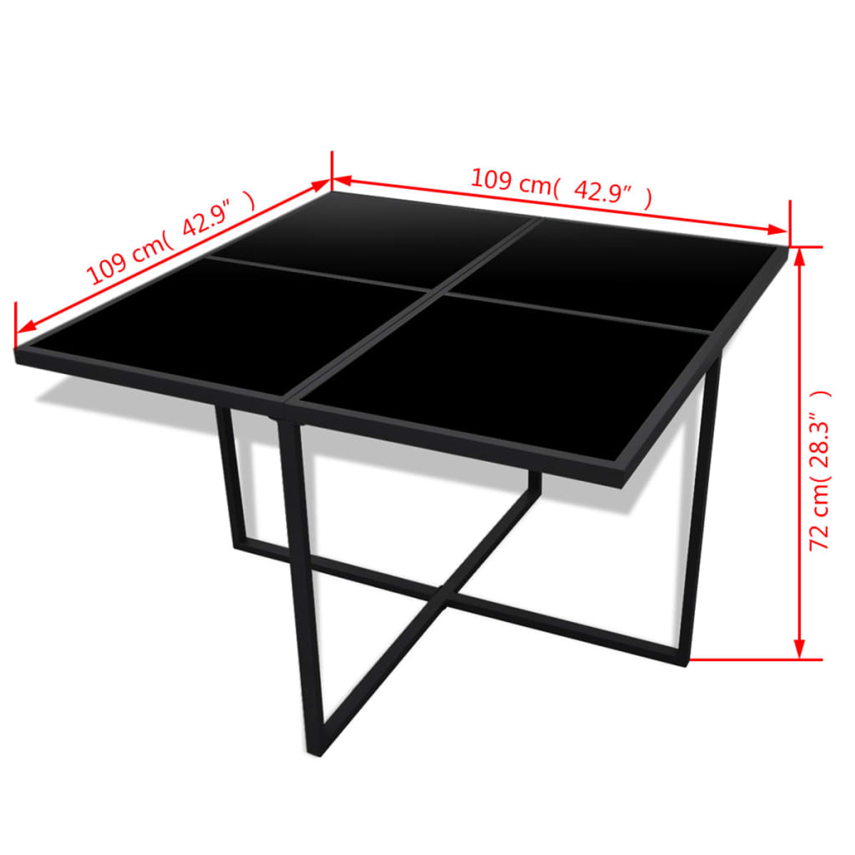 Ein schwarzer quadratischer Tisch mit Metallrahmen. Die Oberseite ist in vier Quadrate unterteilt. Abmessungen angegeben.