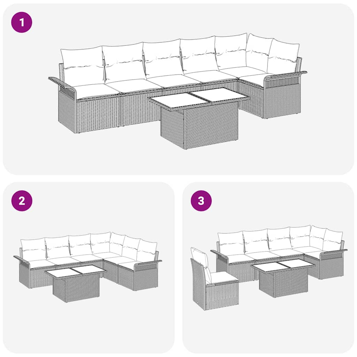 Drei verschiedene Outdoor-Möbelanordnungen: ein großes Ecksofa, ein kleineres Ecksofa und ein Sofa mit einem Stuhl.