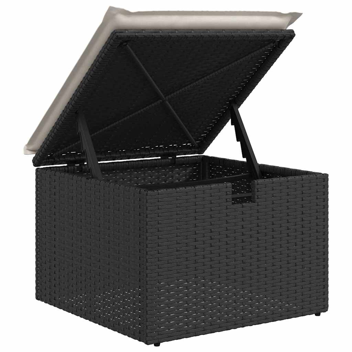 Eine schwarze Aufbewahrungsbox aus Korbgeflecht mit offenem Deckel. Der Deckel ist oben hellbraun und wird von Metallarmen getragen. Die Box ist leer.