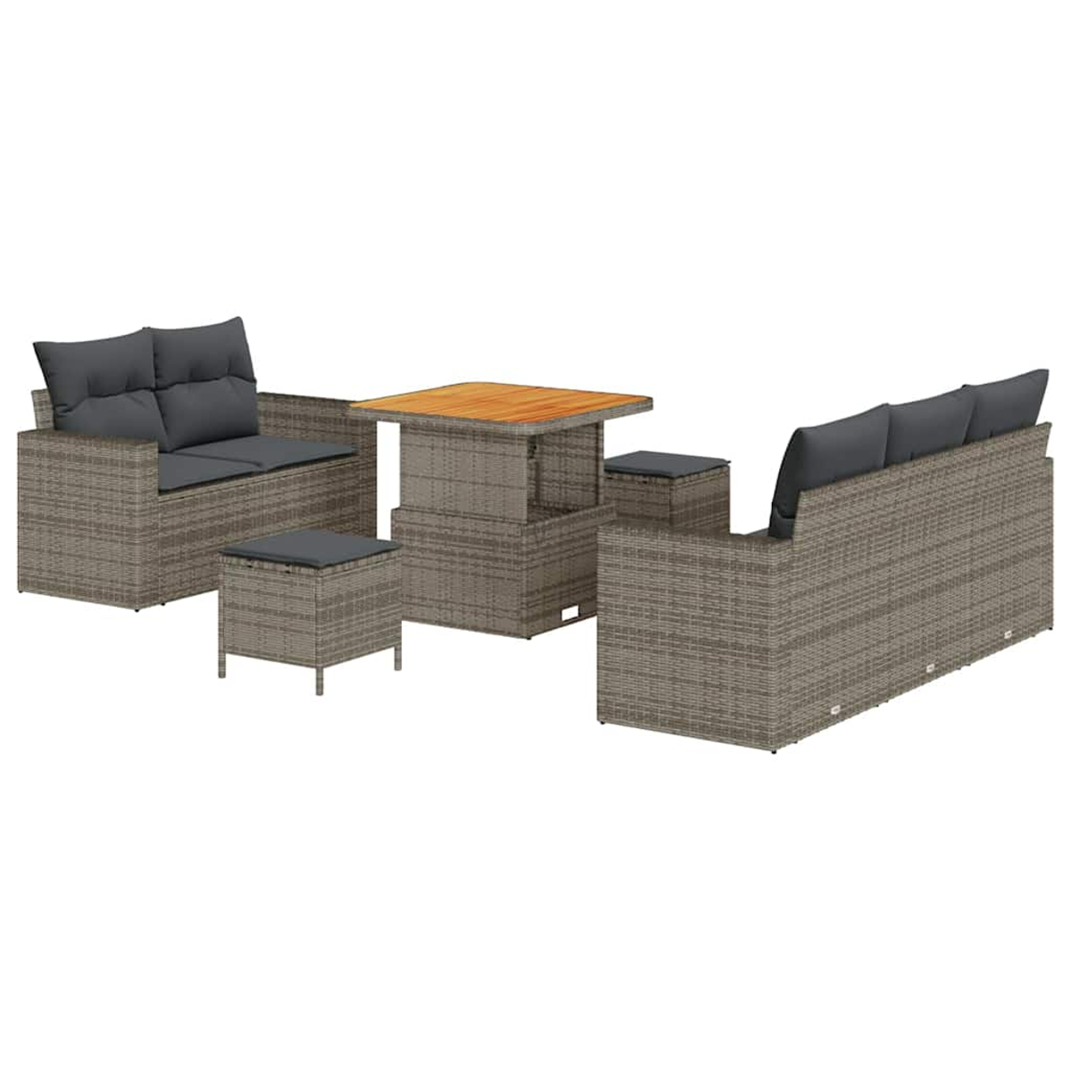 Ein graues Outdoor-Möbelset aus Korbgeflecht. Es umfasst zwei Sofas, zwei Ottomanen und einen Tisch. Der Tisch hat eine Holzplatte.