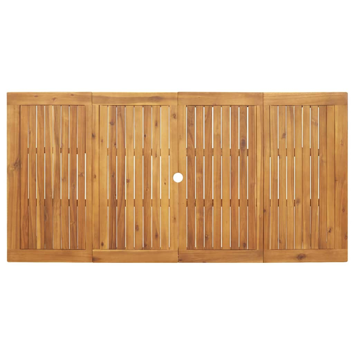 Holztischplatte mit vertikalen Lamellen. Die Farbe ist hellbraun. In der Mitte befindet sich ein rundes Loch.