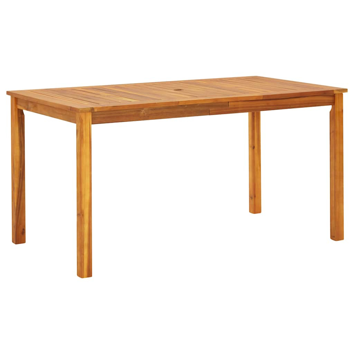Ein rechteckiger Holztisch mit vier Beinen. Er hat ein Loch in der Mitte der Tischplatte. Das Holz ist hellbraun.