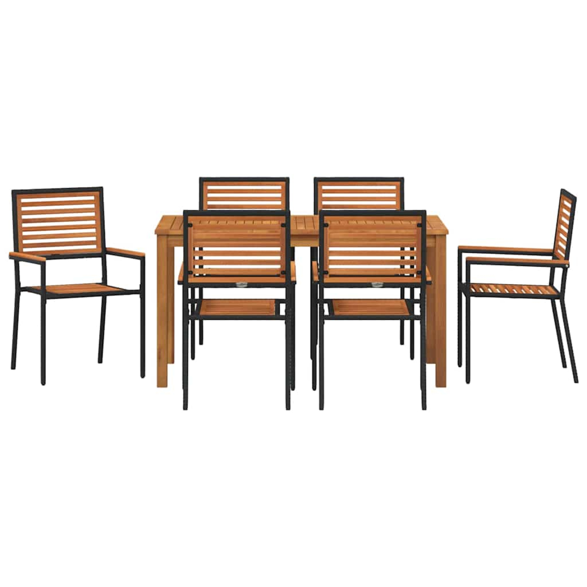 Ein Esstisch-Set aus Holz mit einem rechteckigen Tisch und sechs Stühlen. Die Stühle haben schwarze Rahmen und Holzlatten für Rückenlehne und Sitz.