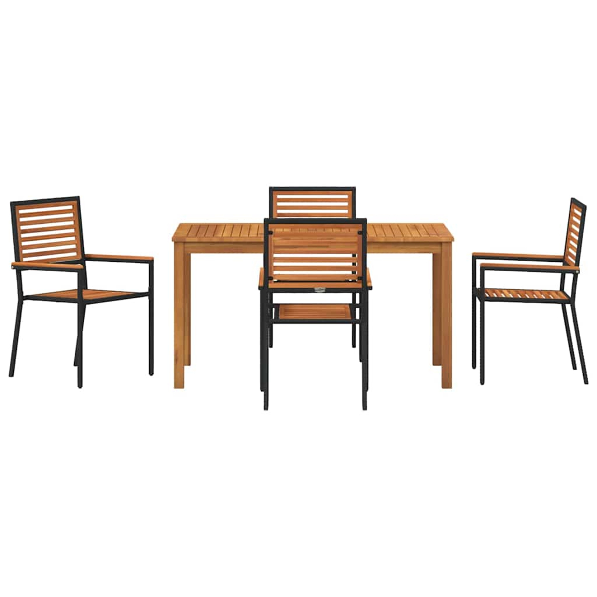 Holz-Essgruppe für den Außenbereich mit Tisch und drei Stühlen. Die Stühle haben schwarze Rahmen und Holzlatten. Der Tisch ist ebenfalls aus Holz.
