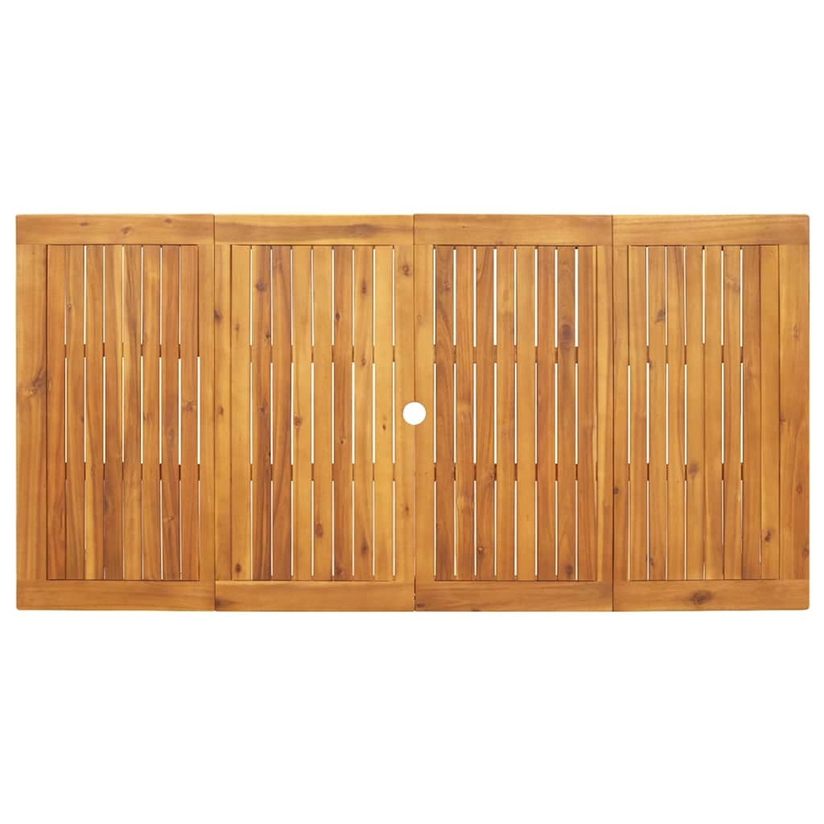 Draufsicht auf einen Holztisch. Er ist rechteckig und besteht aus vier Paneelen. Das Holz ist hellbraun und hat vertikale Lamellen.