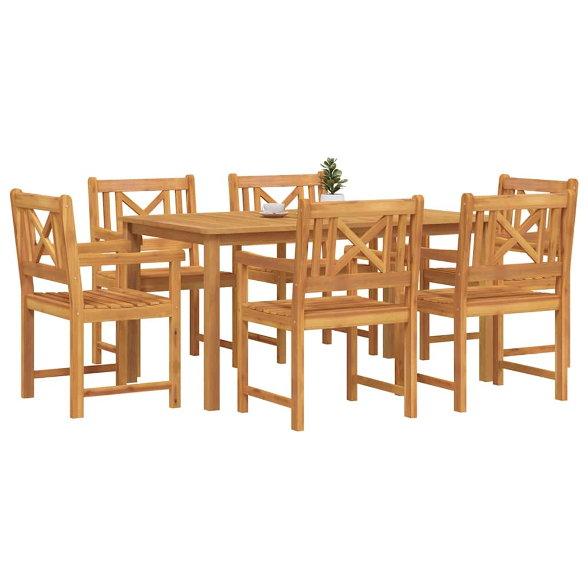 Ein hölzernes Ess-Set für den Außenbereich mit einem Tisch und sechs Stühlen. Auf dem Tisch steht eine kleine Pflanze. Alles ist hellbraun.