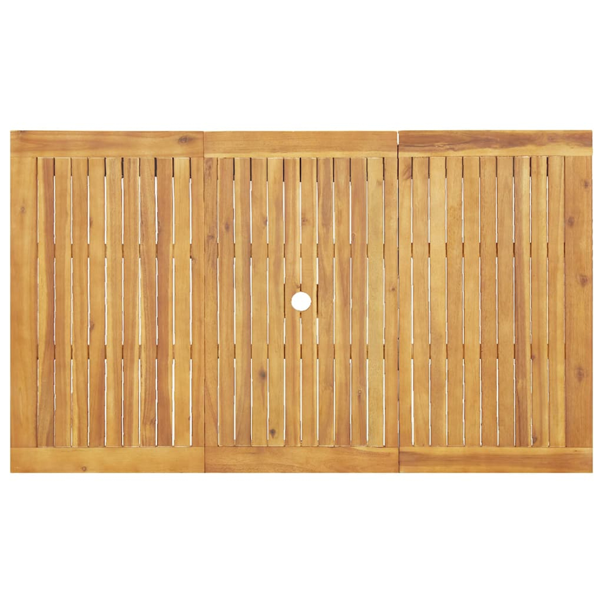 Draufsicht auf einen rechteckigen Holztisch mit vertikalen Lamellen und einem mittigen Loch. Das Holz ist hellbraun.