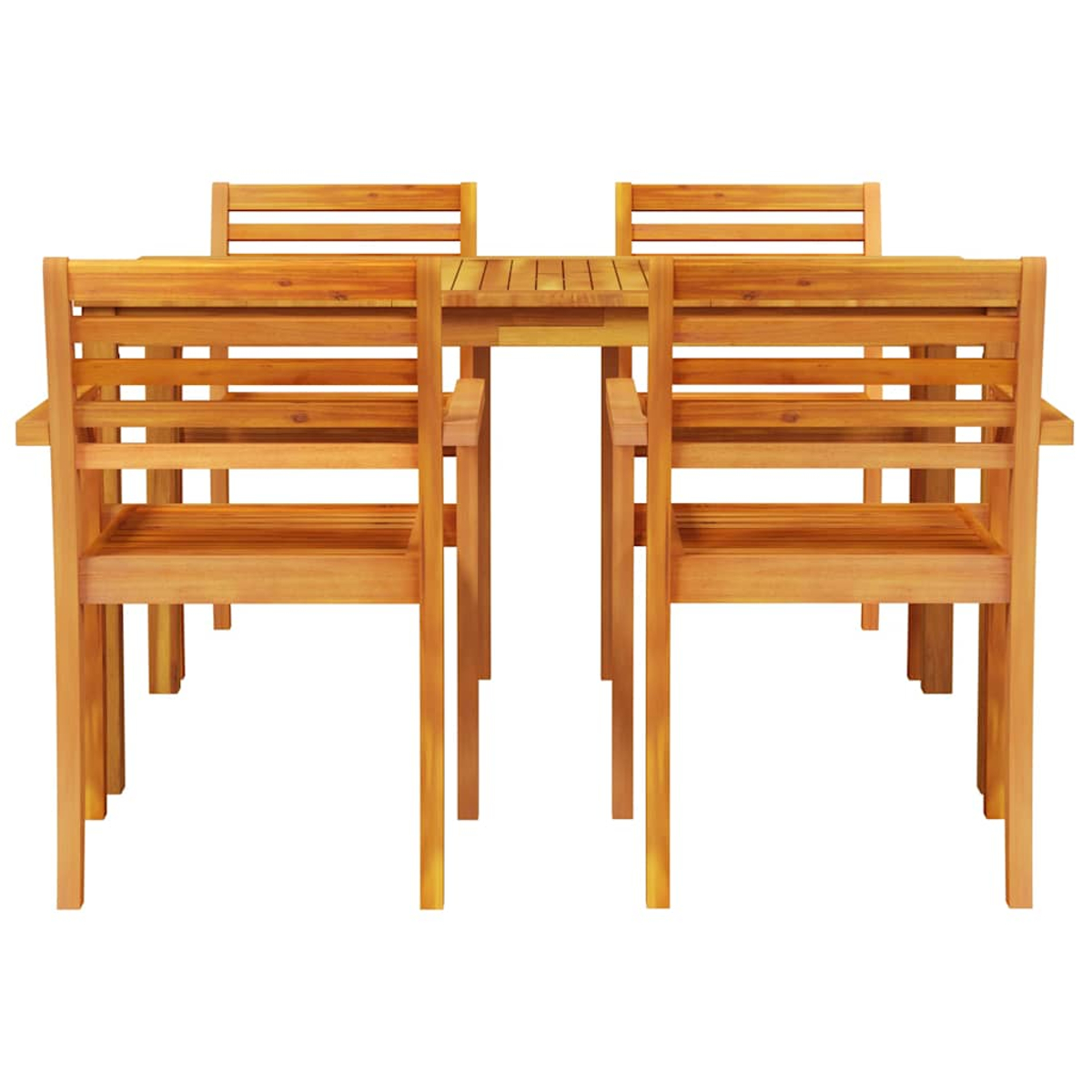 Ein hölzernes Ess-Set für den Außenbereich mit einem rechteckigen Tisch und vier Stühlen. Die Möbel sind hellbraun und stehen vor weißem Hintergrund.