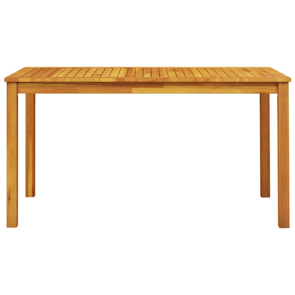 Ein rechteckiger Holztisch mit vier Beinen. Die Tischplatte hat ein Lattenrost-Design und ist hellbraun.