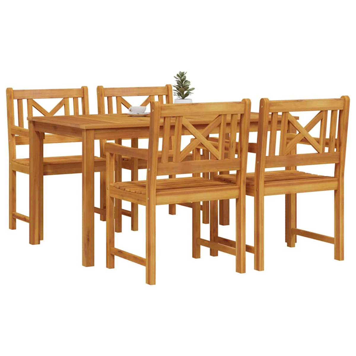 Essgruppe aus Holz für den Außenbereich mit Tisch, sechs Stühlen und einer kleinen Pflanze. Hellebraune Möbel vor weißem Hintergrund.