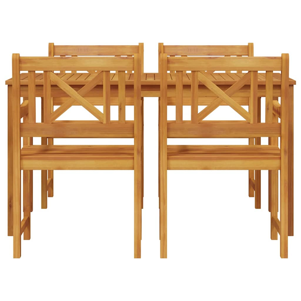 Essgruppe aus Holz für den Außenbereich. Sie hat einen rechteckigen Tisch und vier Stühle. Das Set ist in Naturholzfarbe gehalten.