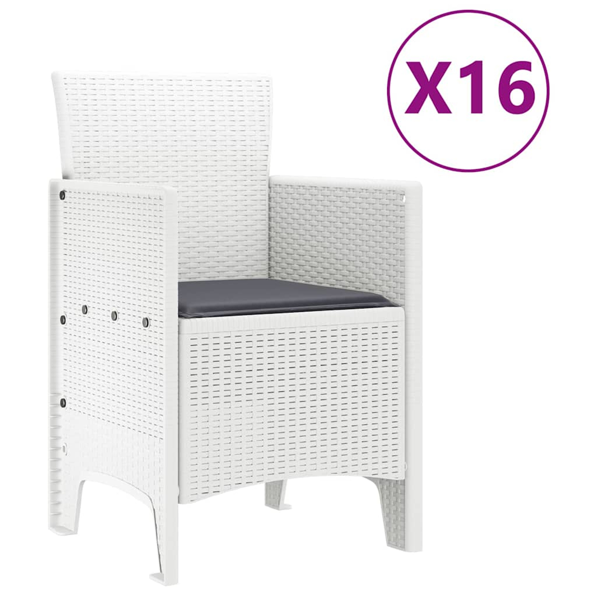 Weißer Korbstuhl mit grauem Kissen, rechte Seite, mit "X16" in einem lila Kreis. Isoliert auf weißem Hintergrund.