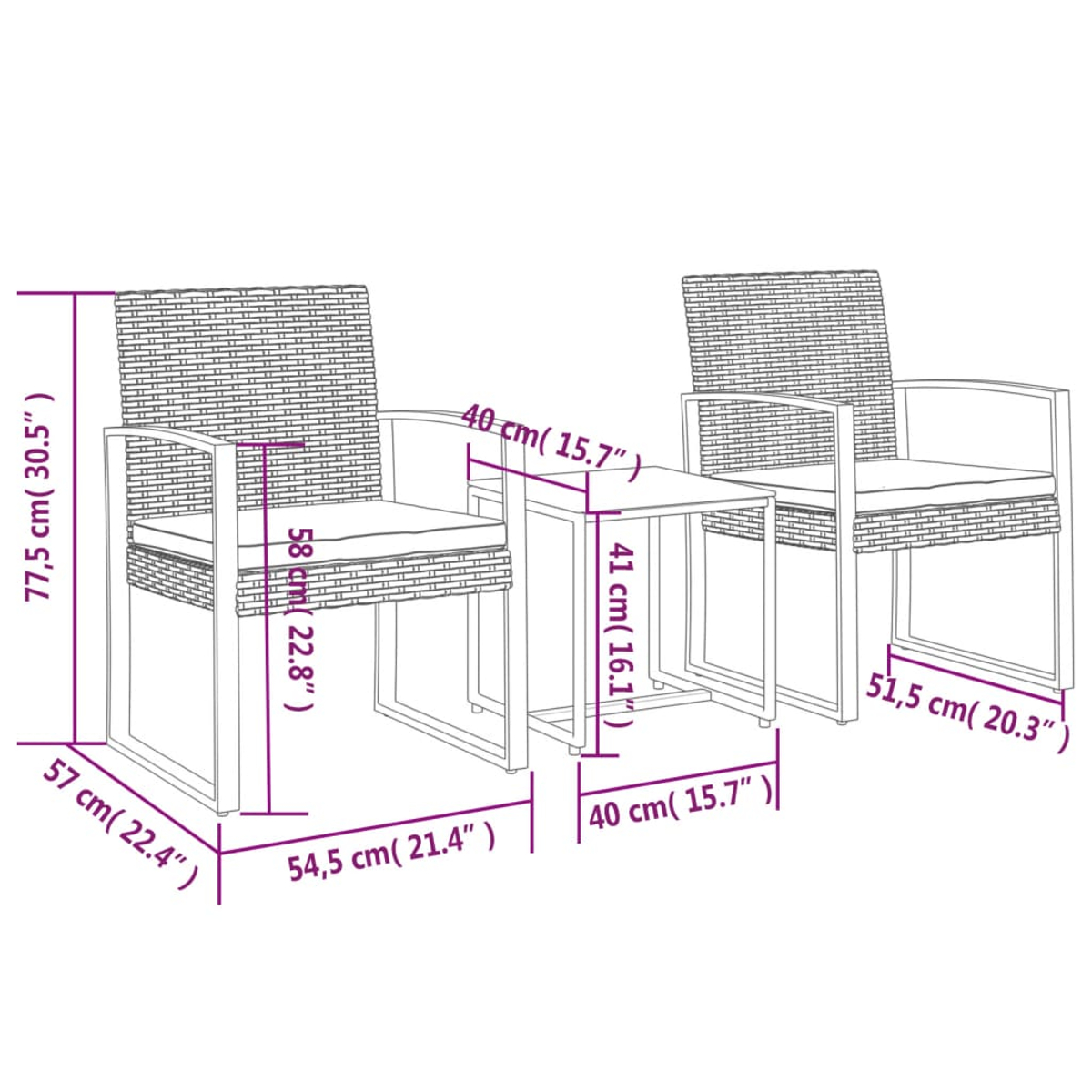 Diagramm eines Gartenmöbelsets. Zwei Stühle mit Kissen und ein kleiner Tisch. Maße sind in cm und Zoll angegeben.