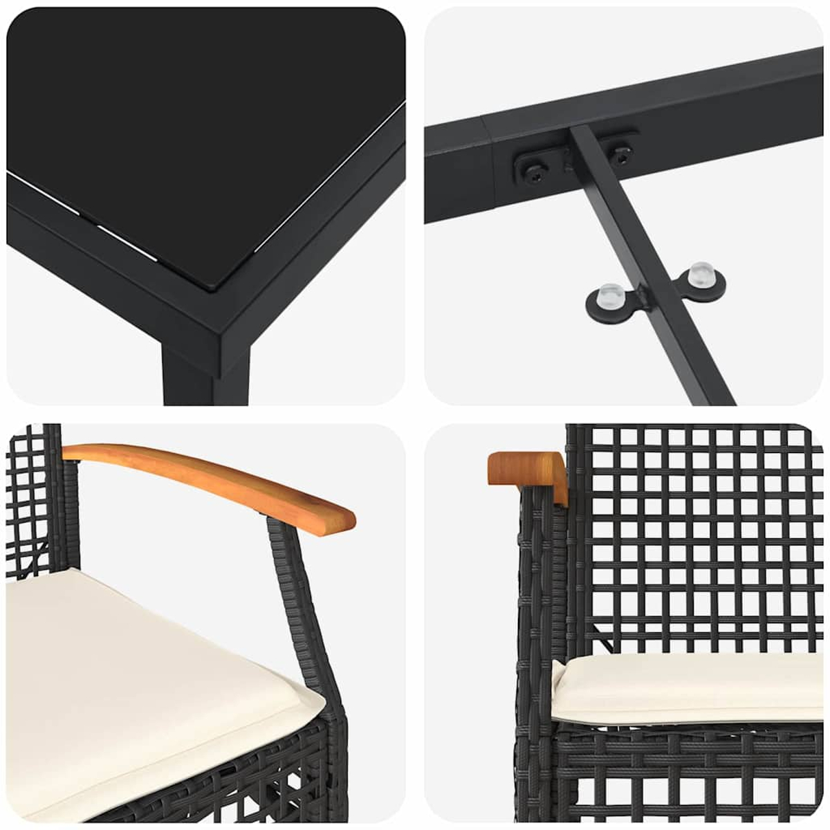 Primi piani di un tavolo e di una sedia neri. La sedia ha un design in vimini e un cuscino bianco con braccioli in legno.