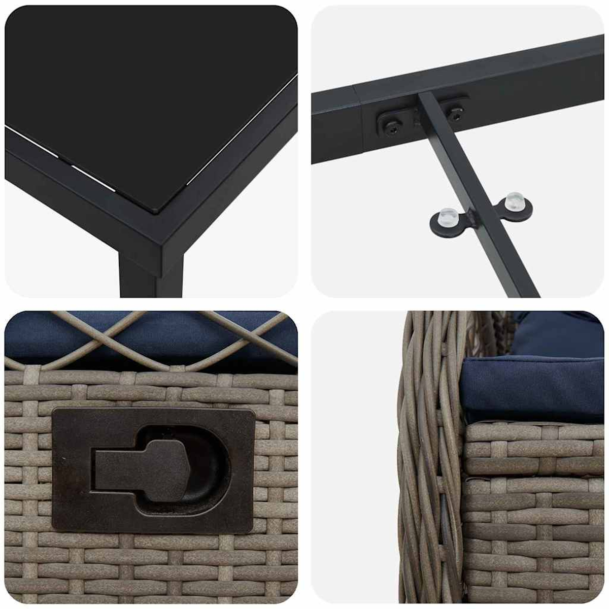 Primeros planos de muebles de exterior: una esquina de mesa negra, estructura metálica, detalles de silla con textura tejida y cojín azul marino.