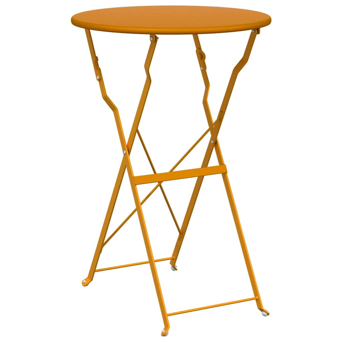 Ein orangefarbener, runder, klappbarer Tisch steht auf weißem Hintergrund. Der Tisch hat eine runde Tischplatte und ein Metallgestell und ist zusammengeklappt.