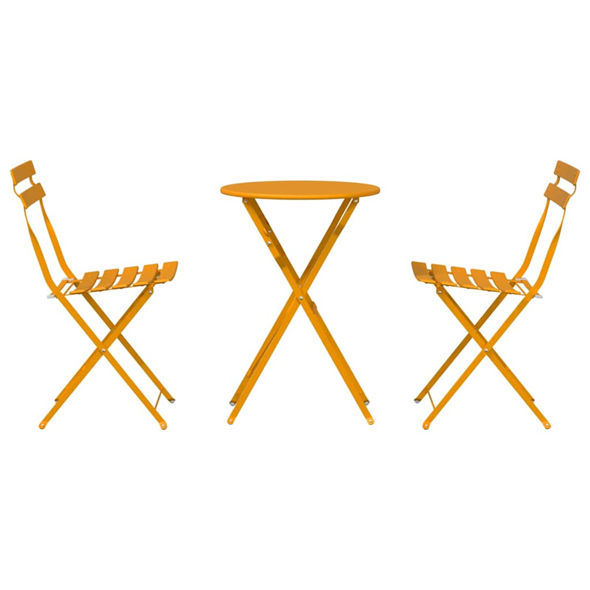 Ein oranges Bistro-Set, bestehend aus einem runden Tisch und zwei Stühlen, ist vor einem weißen Hintergrund isoliert. Das Set ist aus Metall gefertigt.