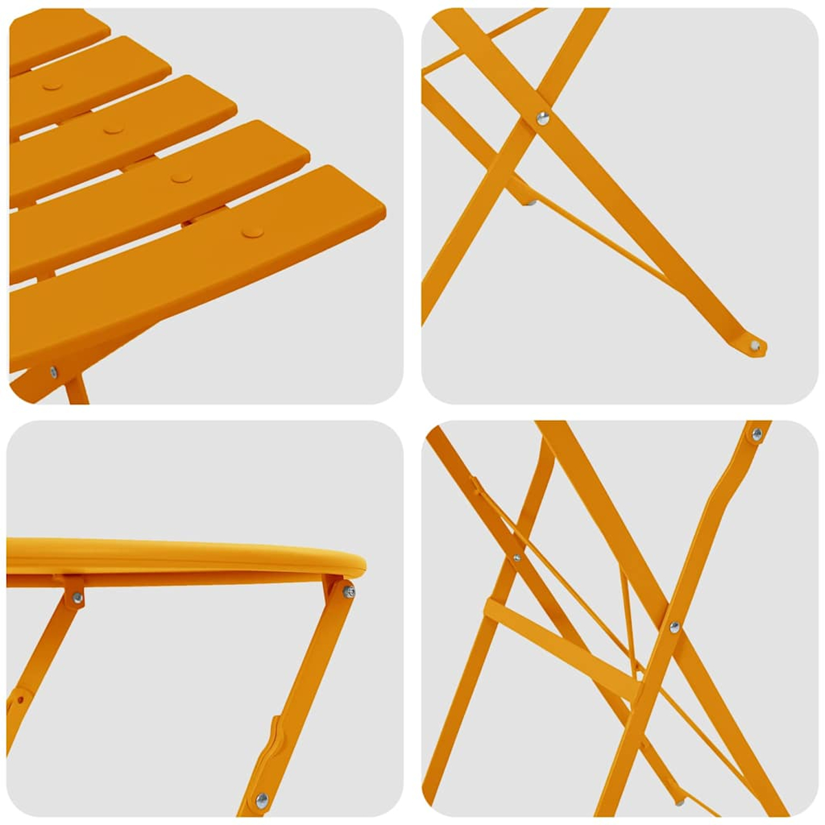Nahaufnahme eines orangefarbenen Klapptisches. Der Tisch hat eine Lamellenplatte und Metallbeine. Der Hintergrund ist hellgrau.