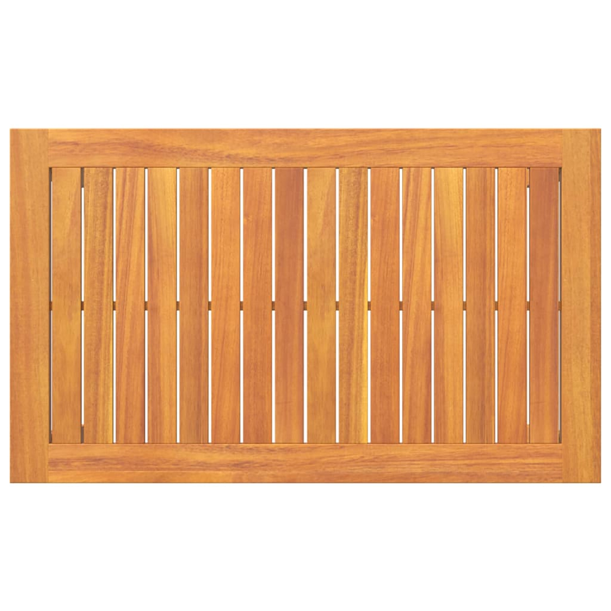 Tavolo rettangolare in legno. Il piano è formato da doghe di legno verticali, circondate da una cornice in legno. Il legno è marrone chiaro.
