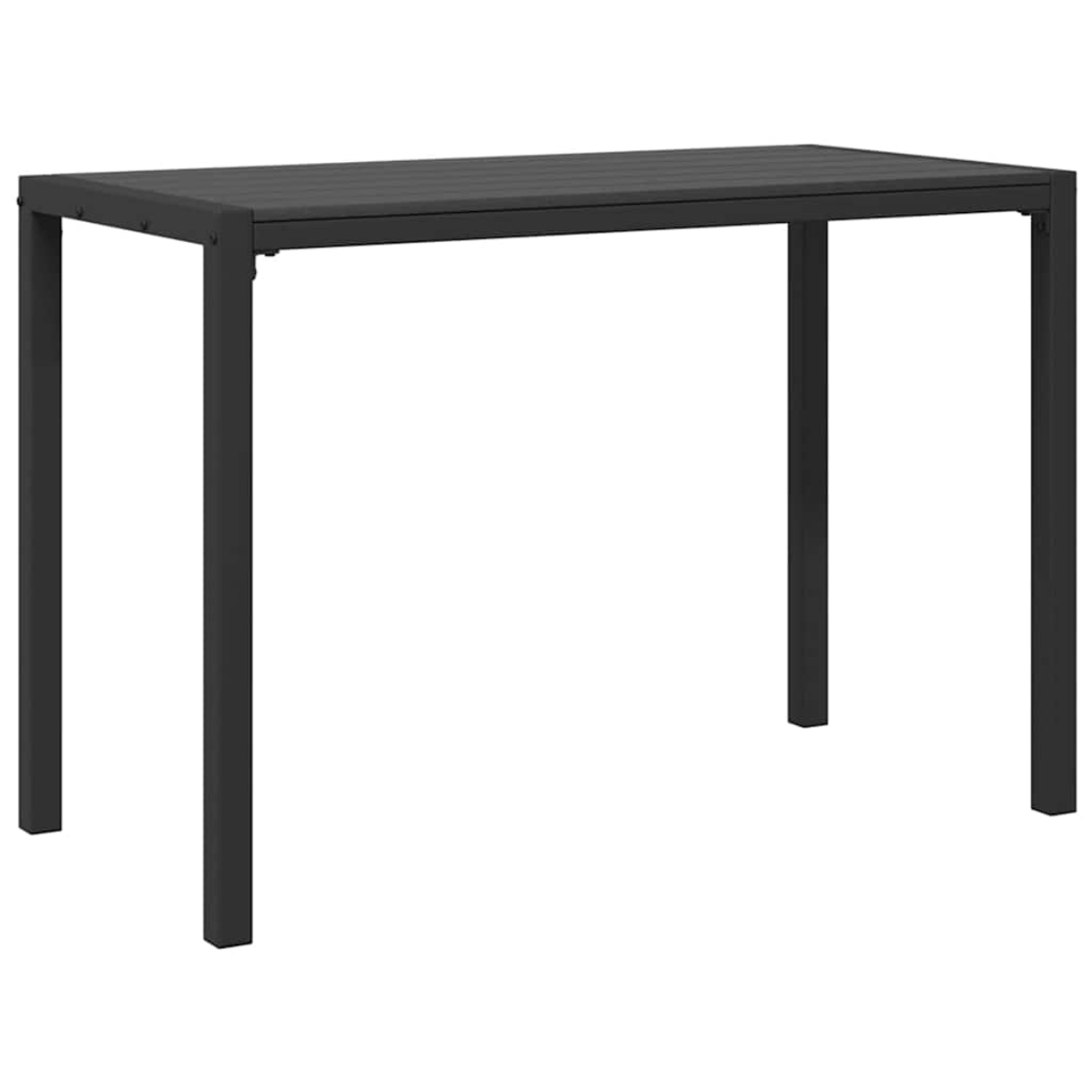 Ein schwarzer rechteckiger Tisch mit vier Beinen. Die Tischplatte hat horizontale Linien und die Beine sind quadratisch und gerade.