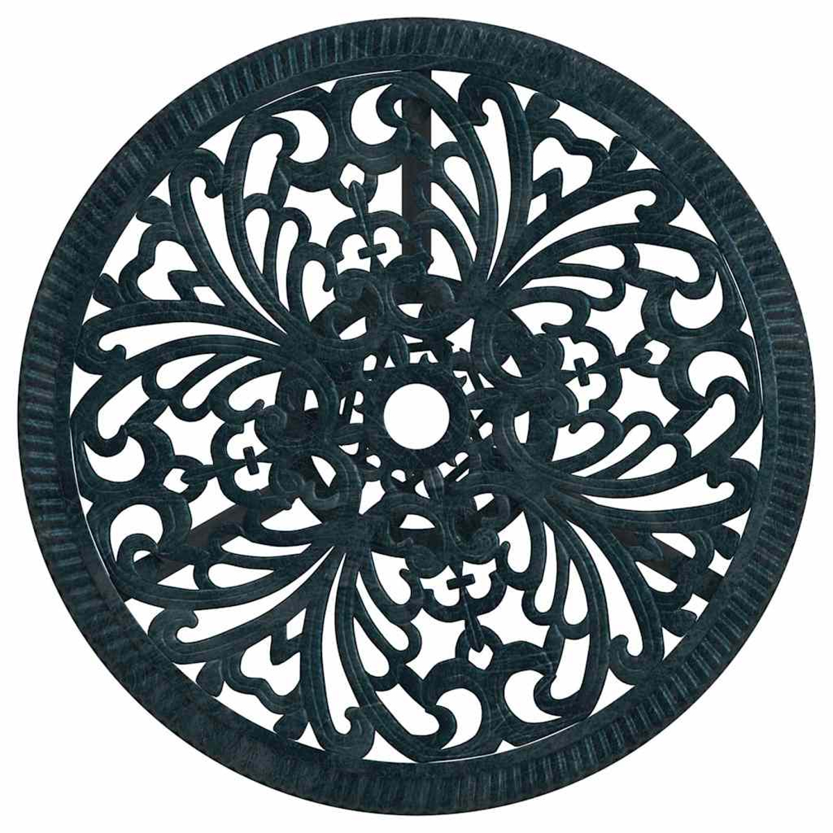 Eine kreisförmige, verzierte Metalltischplatte mit komplizierten floralen Mustern und einem zentralen Loch, dunkelblaugrün lackiert.