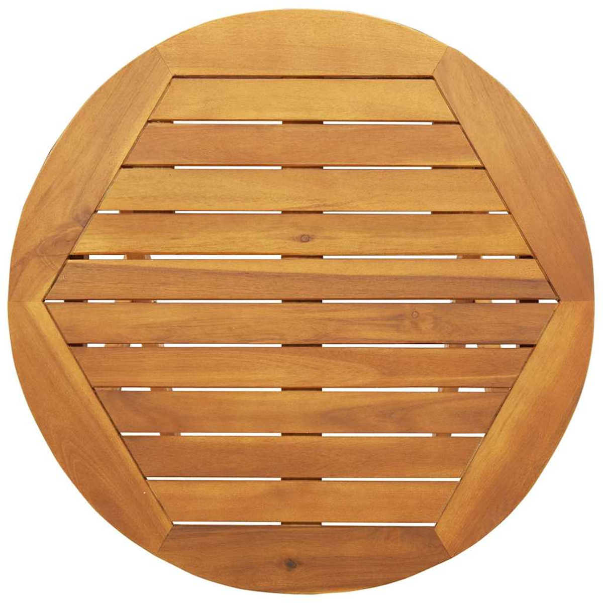 Ein runder Holztisch mit sechseckigem Mittelteil. Der Tisch besteht aus hellbraunen Holzbrettern.