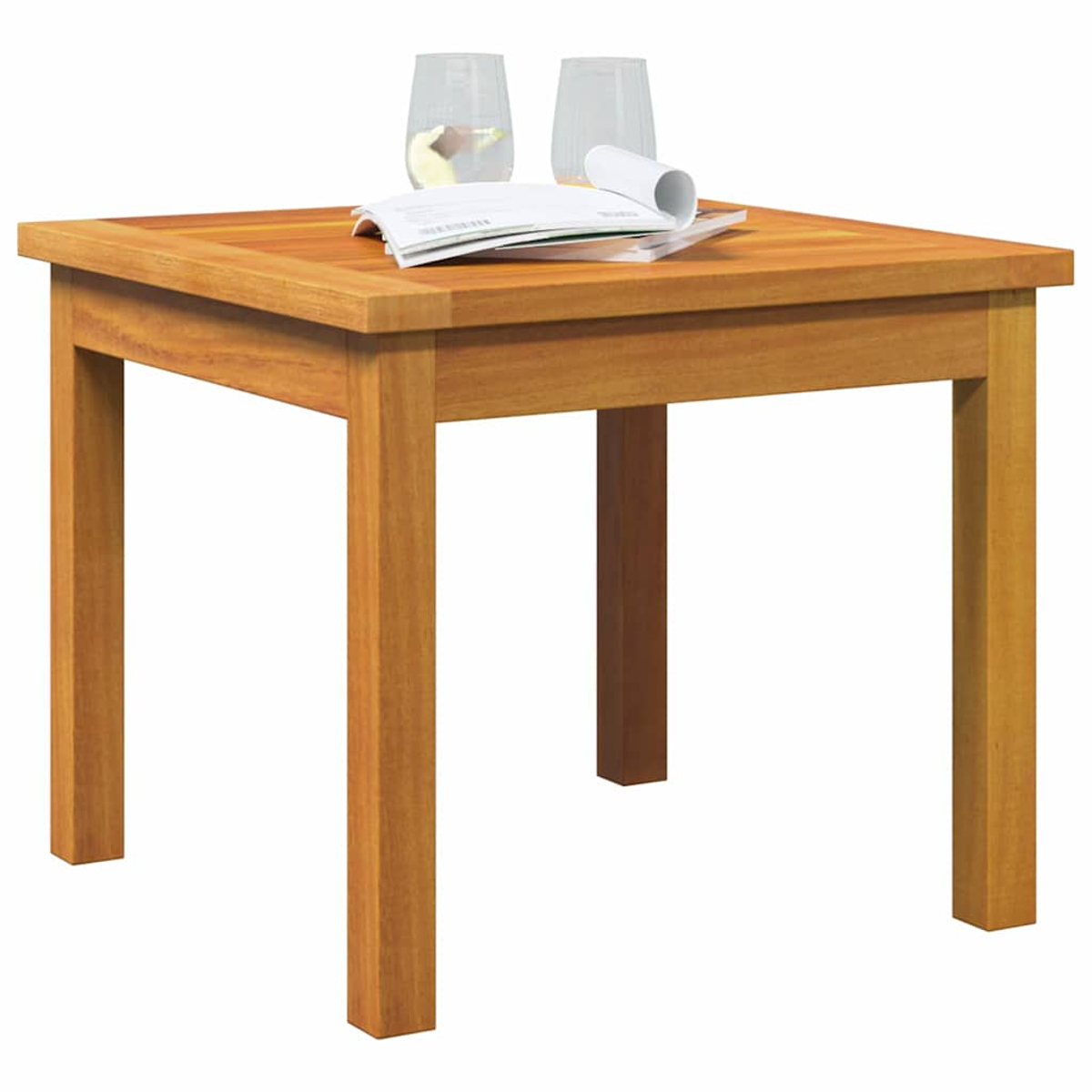Una mesa cuadrada de madera con dos vasos y una revista. La mesa es marrón y los vasos son transparentes.
